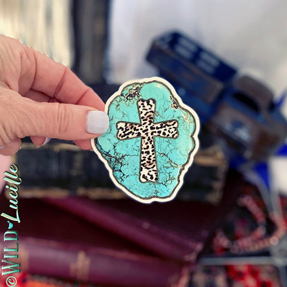 Turquoise Leopard Cross - Vinyl Sticker Decal